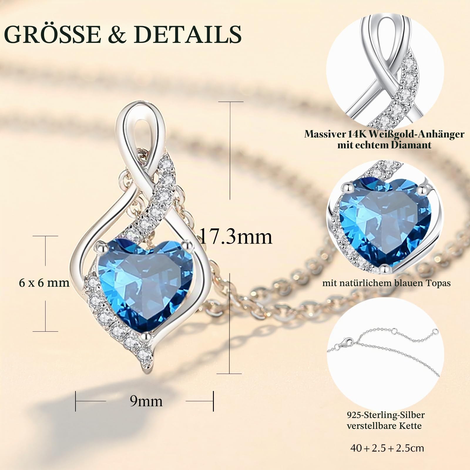 FANCIME Solide 14 Karat Weißgold Unendlichkeit Herz Geburtsstein und echt Diamant Anhänger Halskette, Feine Geschenk Schmuck für Damen Mädchen, 925 Silber Kette: 40 + 5 cm