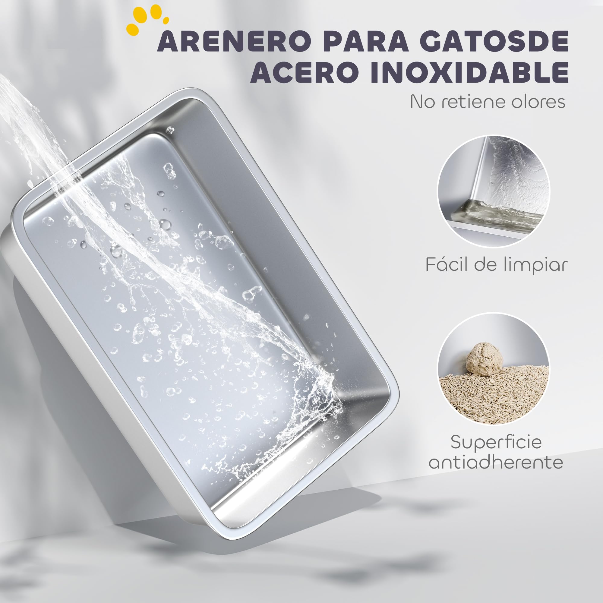 PawHut Arenero para Gatos de Acero Inoxidable XL, 60,2x40,2x29,7 cm, Gris | Caja de Arena para Gatos, Arenero con Borde Alto, Pala Metálica, Fácil de Limpiar, Prueba de Fugas