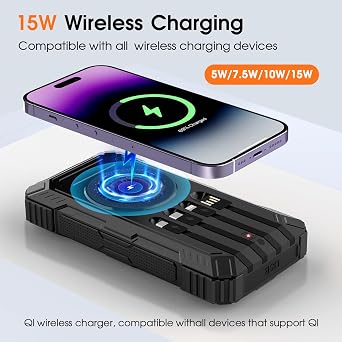 BLASOUL Solar Power Bank,49800mAh Wireless Portable Phone Charger with 4 Built-in Cables,22.5W Fast Charging USB-C in/Output External Battery Pack for iPhone,Android,Perfect for Hiking/Camping