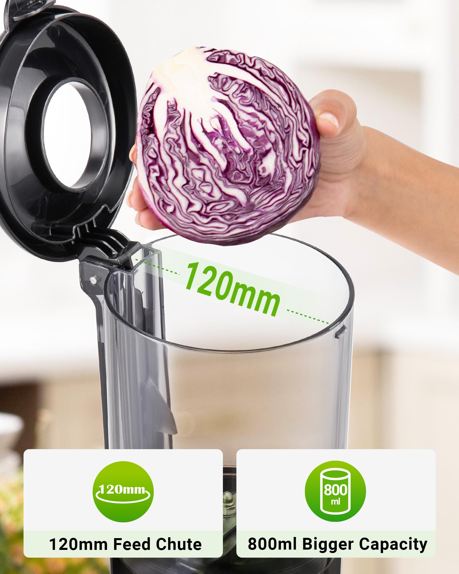 TUUMIIST Slow Juicer Entsafter mit Extra Großem Einfüllschacht 120mm, Saftpresse BPA-Frei Glanzschwarz