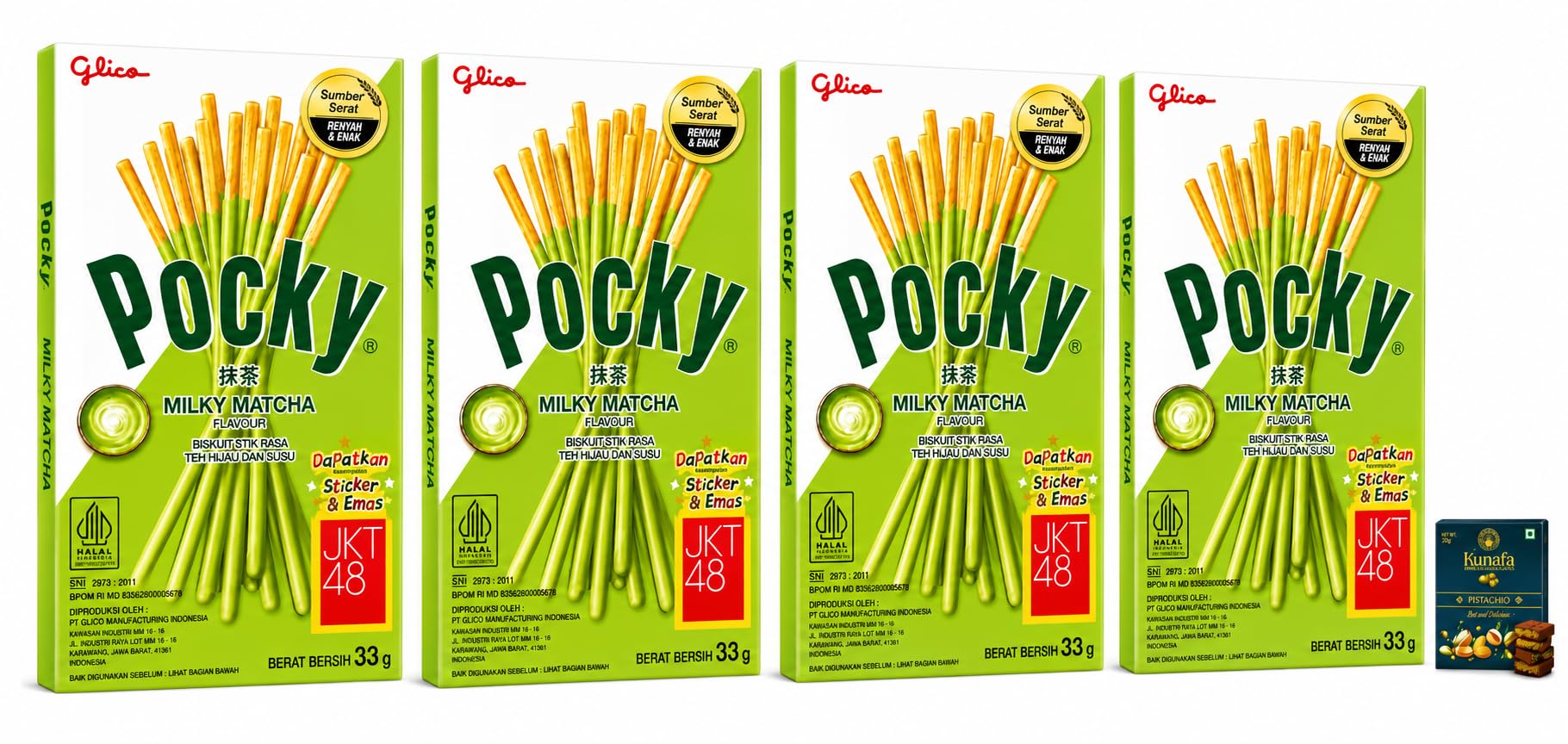 Pocky's Milky Matcha Flavour Biscuit Sticks (Pack of 4) 33g Each With Free Flavourito Kunafa Pistachio Chocolate Bar, 20g By Decadent Foods (Imported Indonesia)-image-39