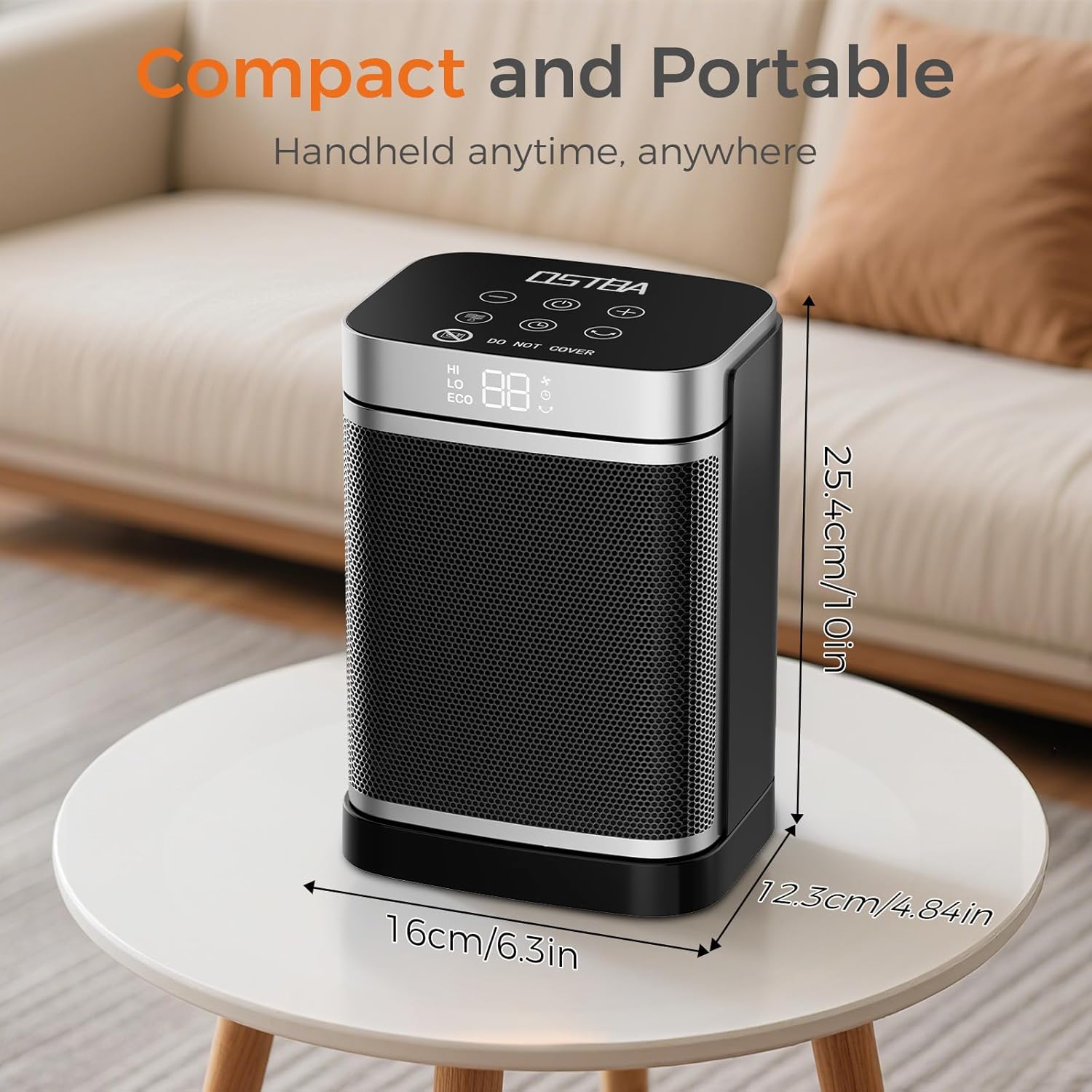 Image displaying the compact and portable dimensions of the OSTBA PTC-907B heater: 16cm (6.3in) width, 12.3cm (4.84in) depth, and 25.4cm (10in) height, placed on a small table.