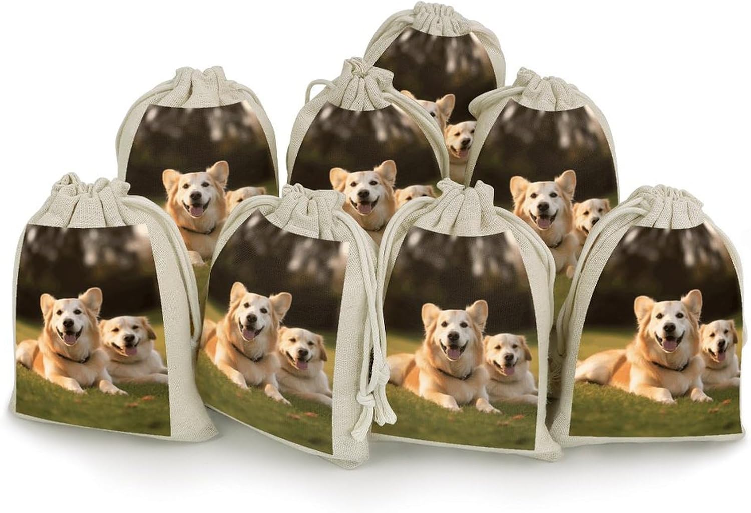 FekiLoot Dog on The Lawn Cotton Linen Drawstring Bags Pack of 8