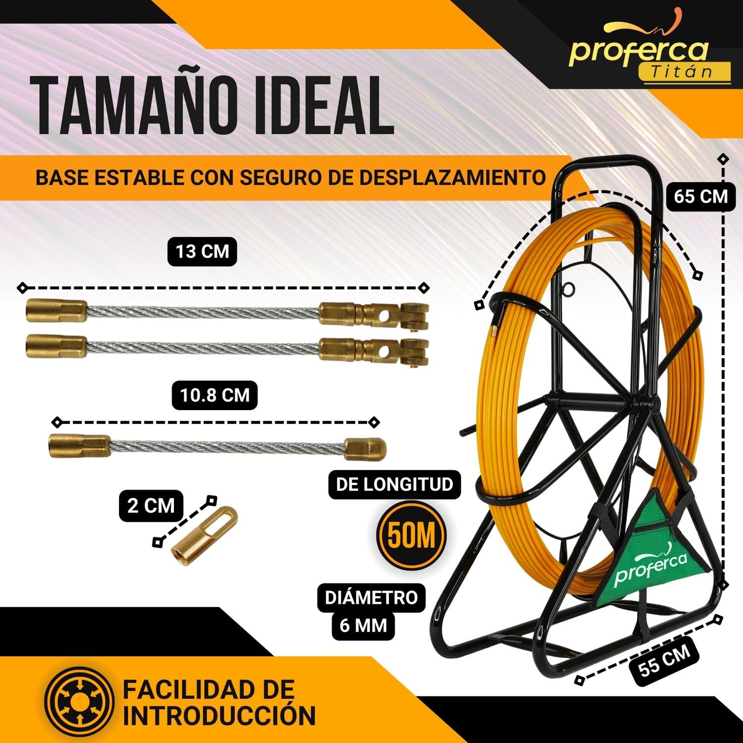 Guia Pasacables Profesional 6mm y 50 metros de Fibra de Vidrio Reforzada | Guia con Contenedor y Accesorios intercambiables| Especial Jardines | Malla Tiracables