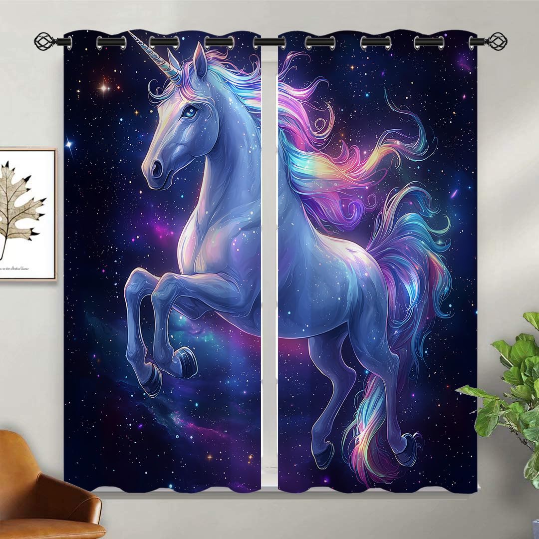 ONINUO Fantasy Unicorn Blackout Curtains for Girls Boy Home Decor, Colorful Galaxy Sky Stars Art Grommet Thermal Insulated Drapes Darkening Window Curtain for Bedroom Living Room, 55 x 63 Inch