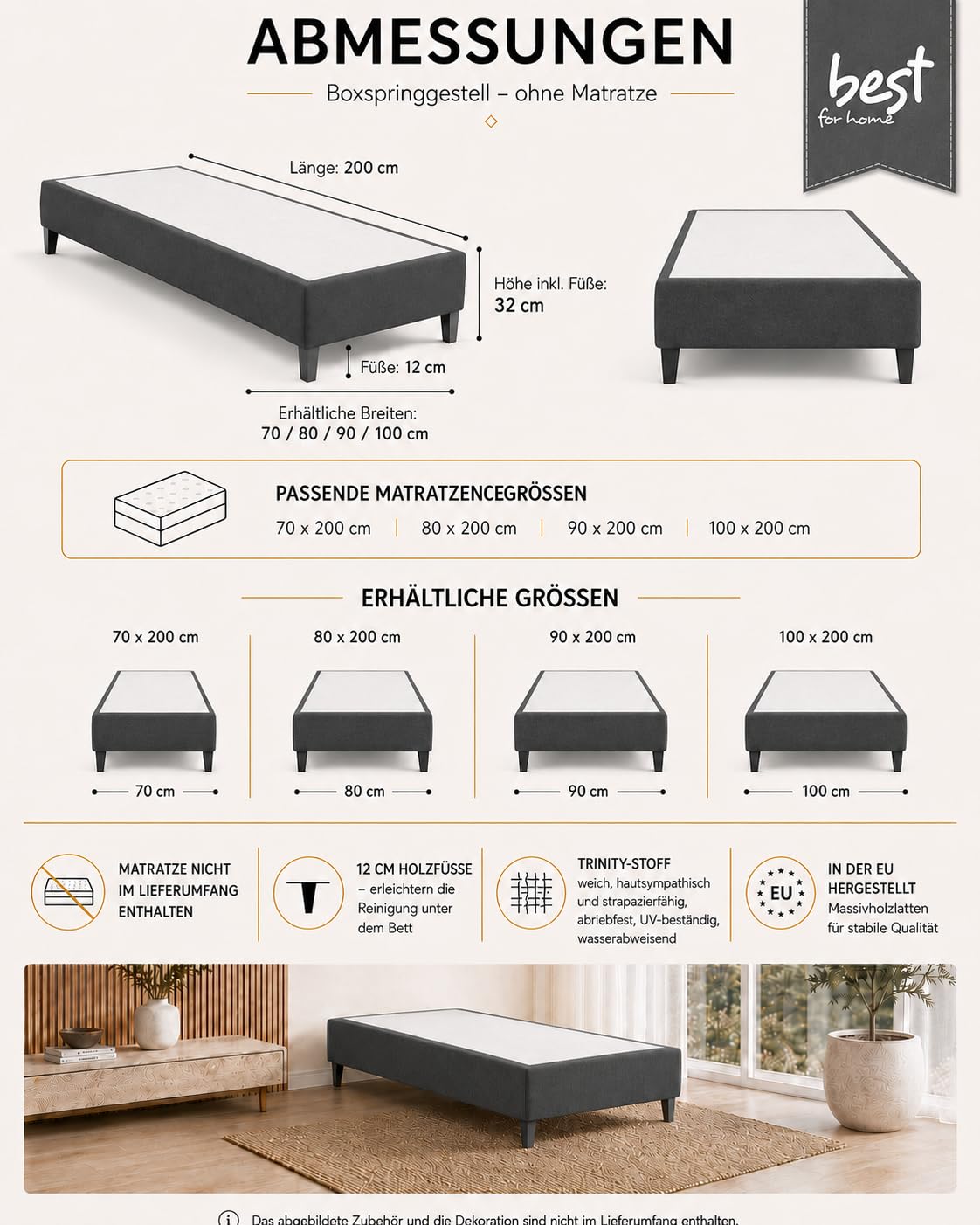BoxspringbettGestell 90x200 | Gepolsterter Bettrahmen ohne Matratze | Modernes Einzelbett mit 12 cm hohen Holzfüßen | Wasserfestes & Strapazierfähiges BoxspringrahmenBett