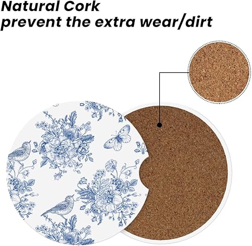 Miniatura 5 de Posavasos vintage con flores azules para automóvil, paquete de 2 posavasos absorbentes de cerámica para automóvil, 2.56 pulgadas, antideslizante,