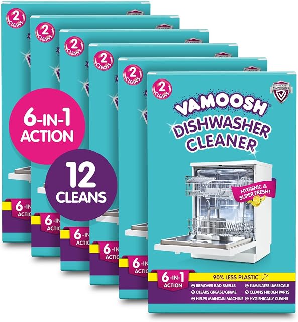 Vamoosh 6 in 1 Dishwasher Cleaner 12 Cleans - Deep Cleaner, Limescale Remover, Odour Eliminator, Grease Remover - Dishwasher Cleaner Deep Clean Performance with Natural Citric Acid