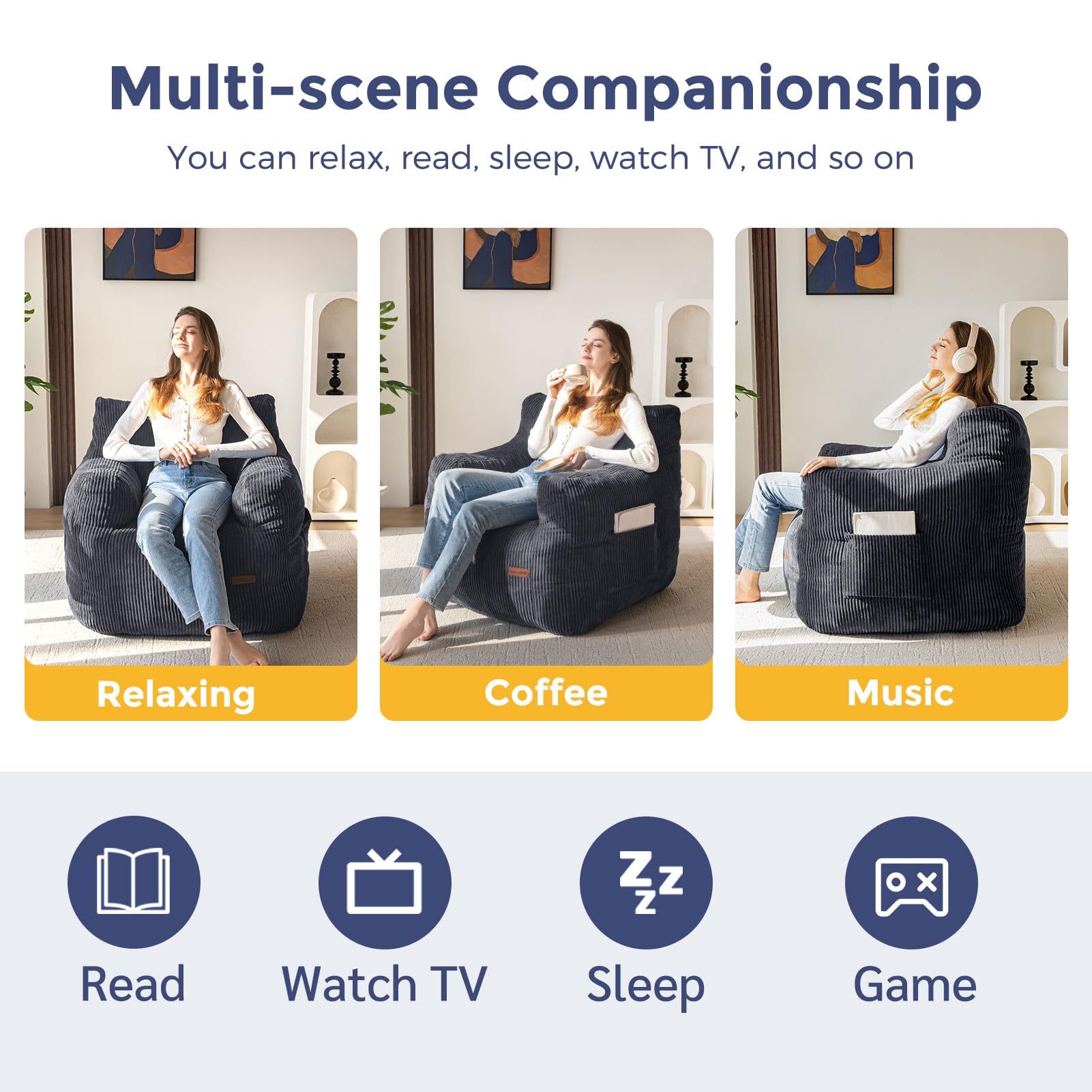 MAXYOYO Bean Bag Chair, Tufted Bean Bag Lazy Chair, Living Room Sofa with Filler for Adult Teens Kids, Corded Fabric Accent Sofa Chair for Bedroom