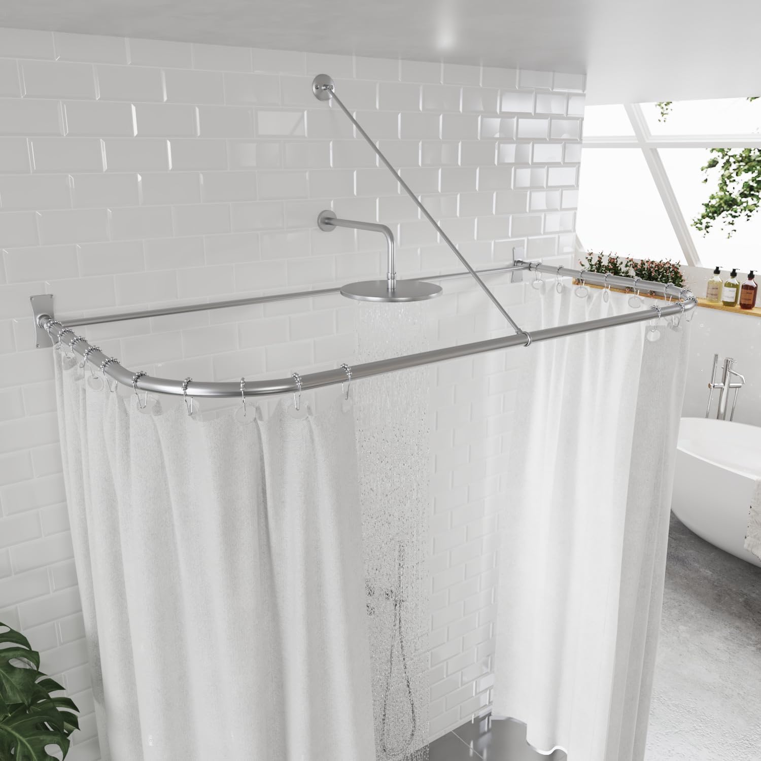 Naiture 60'' x 36'' D Shape Shower Curtain Rod with Ceiling or Wall Dual-Use Swivel Support, Shower Window Rod, Stainless Steel, Brushed Nickel Finish