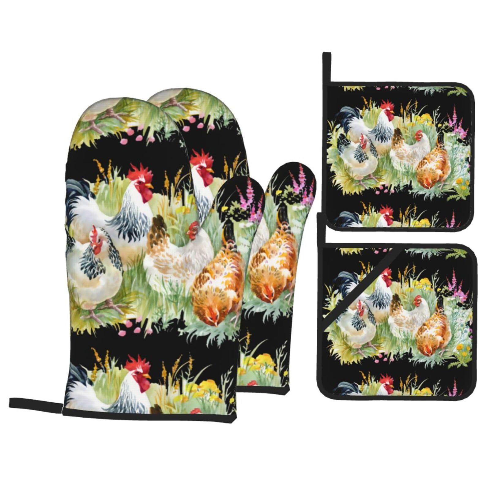YYHHAOFA Rooster Prints Kitchen Baking Set with Heat Resistant Pot Holders & Oven Mitts - Waterproof Layer for Hot Dishes, Grill & Microwave