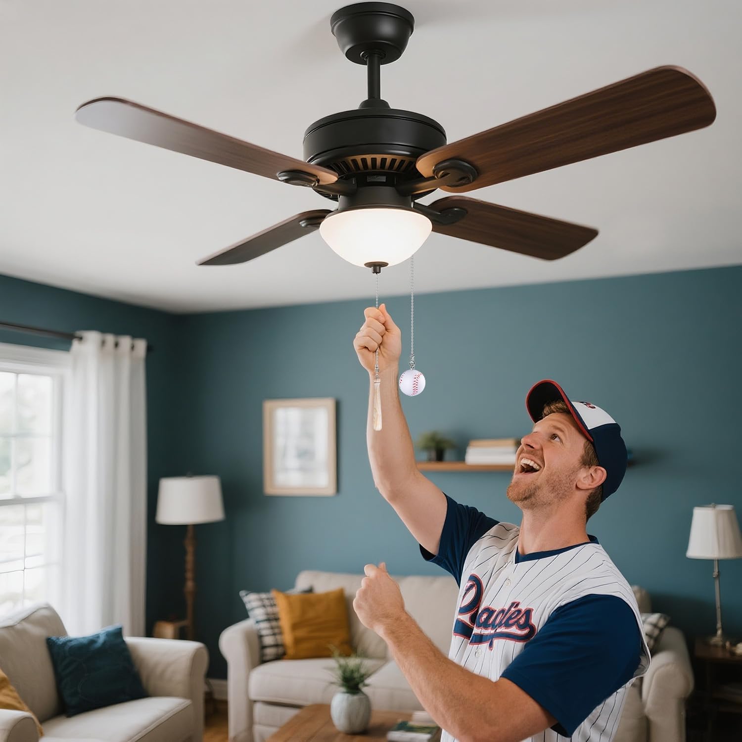 2Pcs Baseball Ceiling Fan Pull Chain, Sport Theme Fan String Charm Decorative Extension 14inches, 3mm Diameter Beaded Fan Light Chains Extender Ornaments with Connector