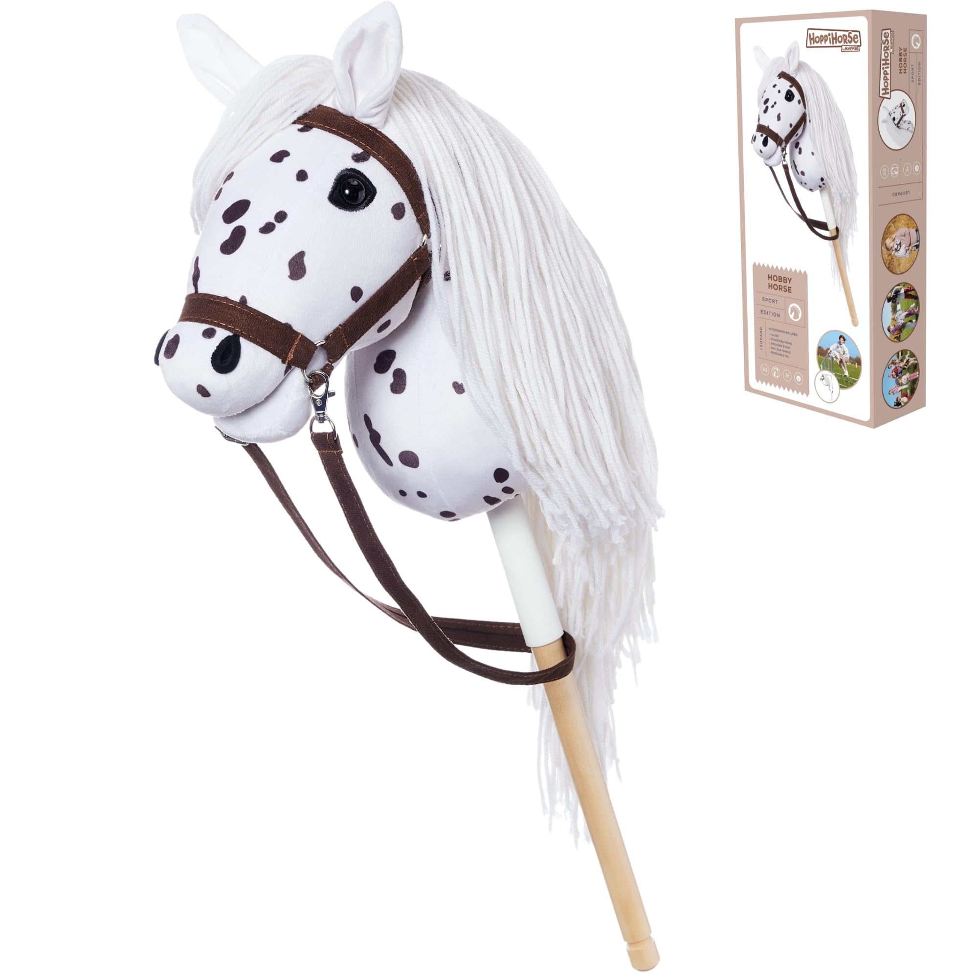 HOPPIHORSE Steckenpferd mit Trense - A3 - Hobby Horse mit Zügeln, Schultergurt, Schweif - hochwertiges Plüsch mit Langer Mähne - Silikongriff für besseren Halt - mit Geschenkverpackung