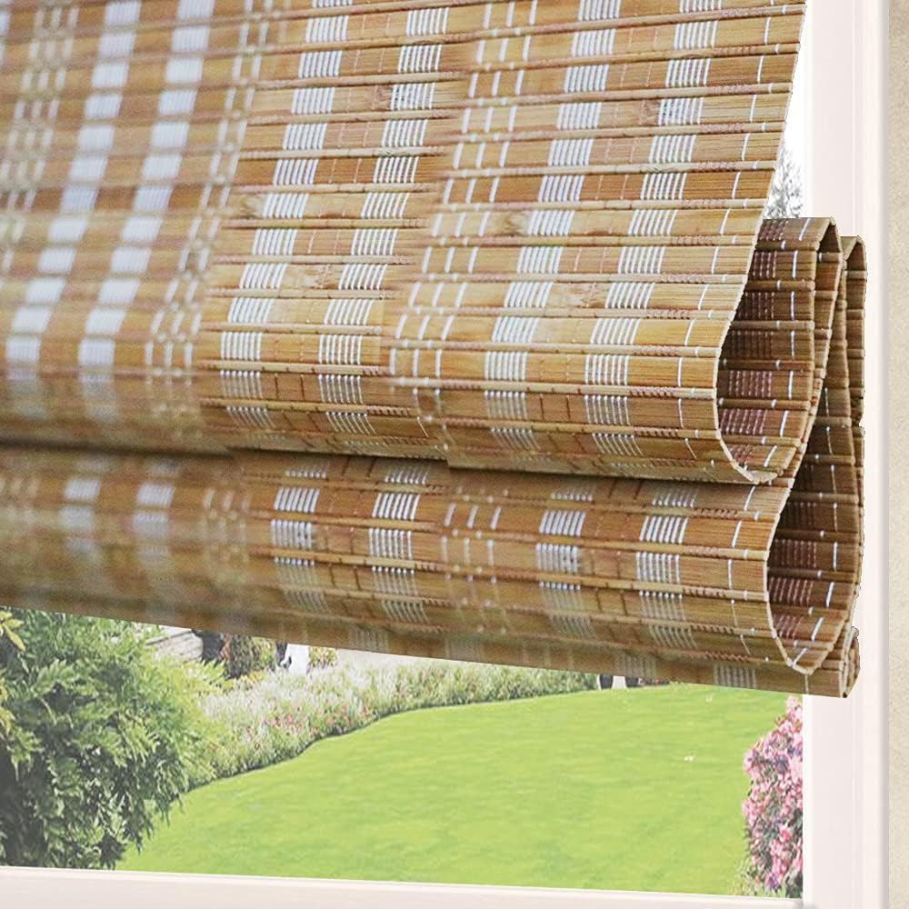 LETAU No Drill No Tools Wood Cordless Window Roman Shades, Bamboo Light Filtering Window Blinds for Indoor Home, Kitchen, Office, Pattern 6