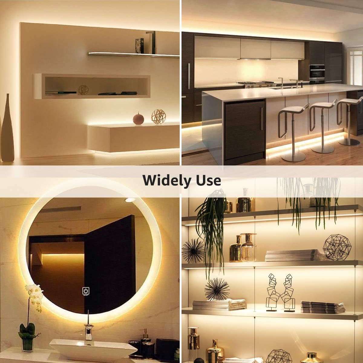 Collage of images showing LED strip lights used in various settings like under cabinets, behind mirrors, and in shelves.