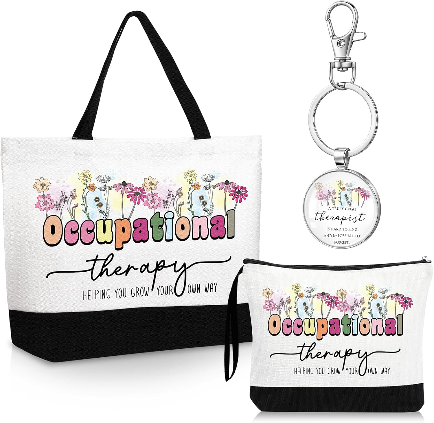Kacctyen 3 Pcs Occupational Therapy Gifts Canvas Tote Bag Mental Healthy Makeup Cosmetic Bag Psychology Appreciation Keychains OT Gifts for Women Therapists Birthday Christmas Cute Occupational