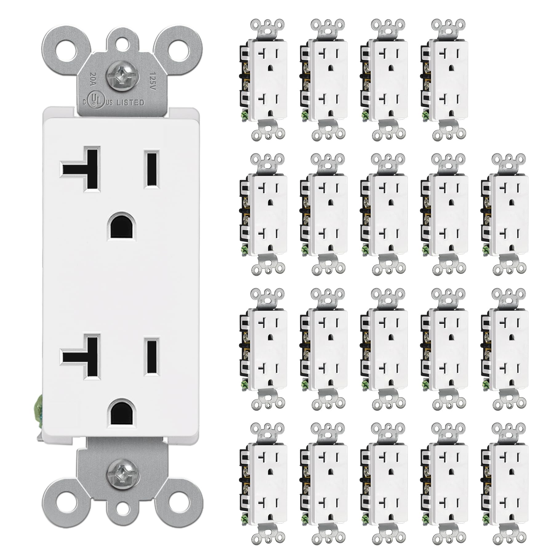 (20 Pack) CML 20 Amp Decorator Wall Receptacle, Standard Electrical Outlets, 20A/125V, 2 Pole 3 Wire, Non-Tamper-Resistant, UL Listed, White