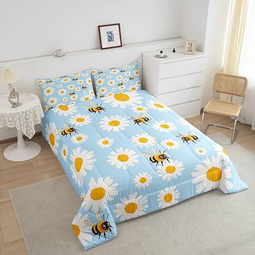 Miniatura 2 de Erosebridal Juego de edredón de abeja de dibujos animados, tamaño Queen, juego de ropa de cama floral de margarita blanca lisa para niños y niños,