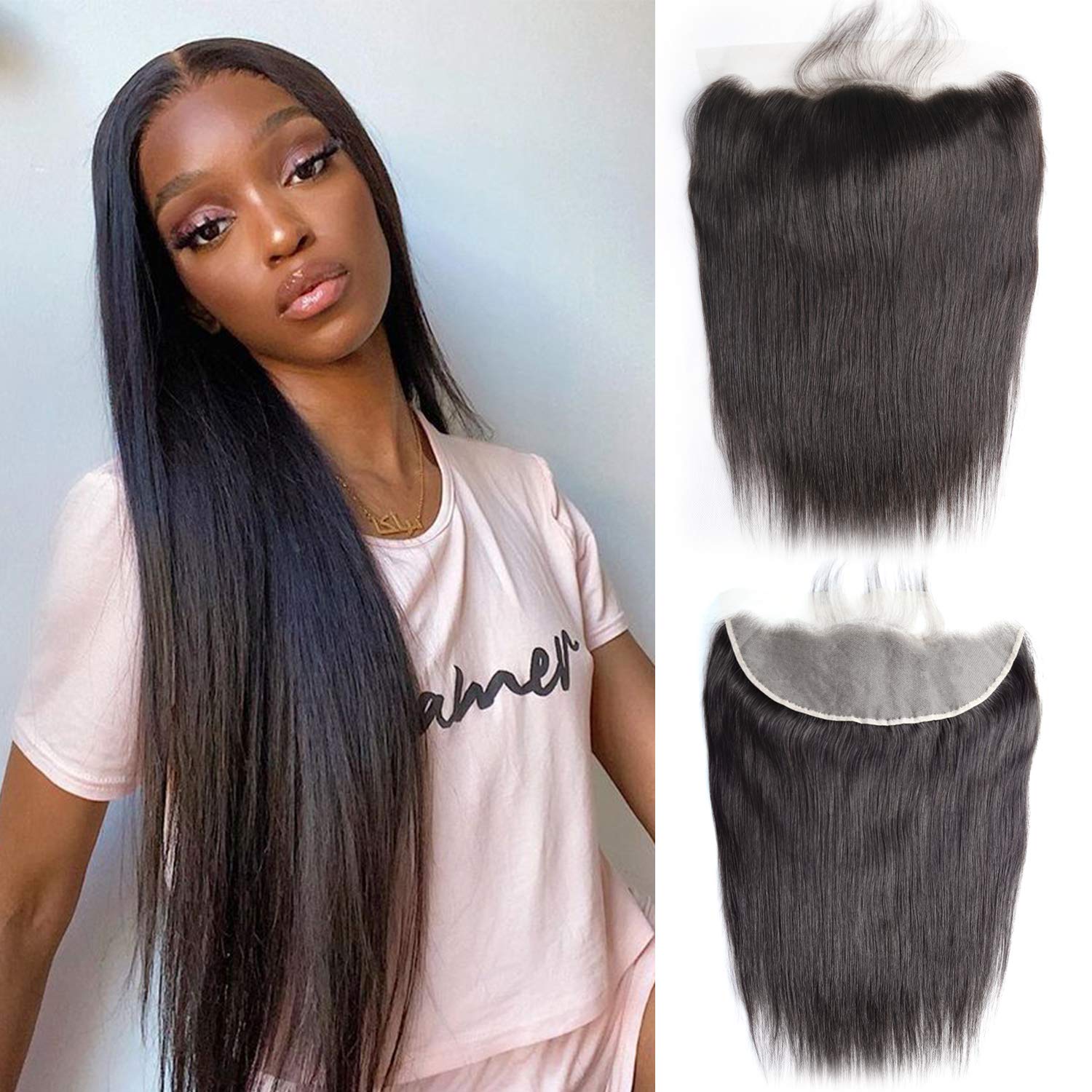 BEQUEENHair Straight 13X4 Lace Frontal Closure 12A Brazilian Hair Ear to Ear Frontal Closure 130% Density Full and Soft With Baby Hair Natural Black Color (14 inch, 13X4 Frontal ST)