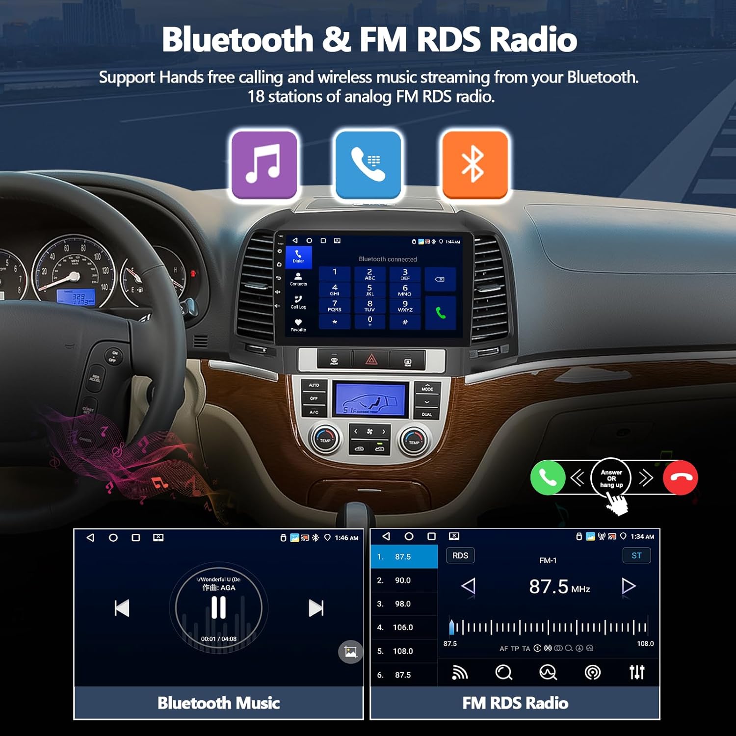Car stereo display showing Bluetooth music playback and FM radio interface.