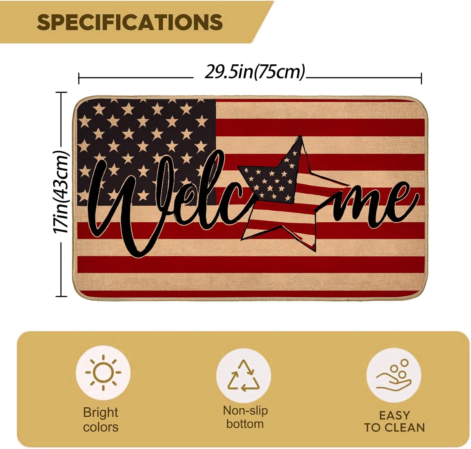 American Flag Welcome Door Mat,29.5x17inch,Indoor Outdoor Linen Floor Mats with Red White and Blue Star Stripe,Non-Slip Rubber Backing Doormat,Patriotic Decor Gifts Rug for Entrance Bedroom