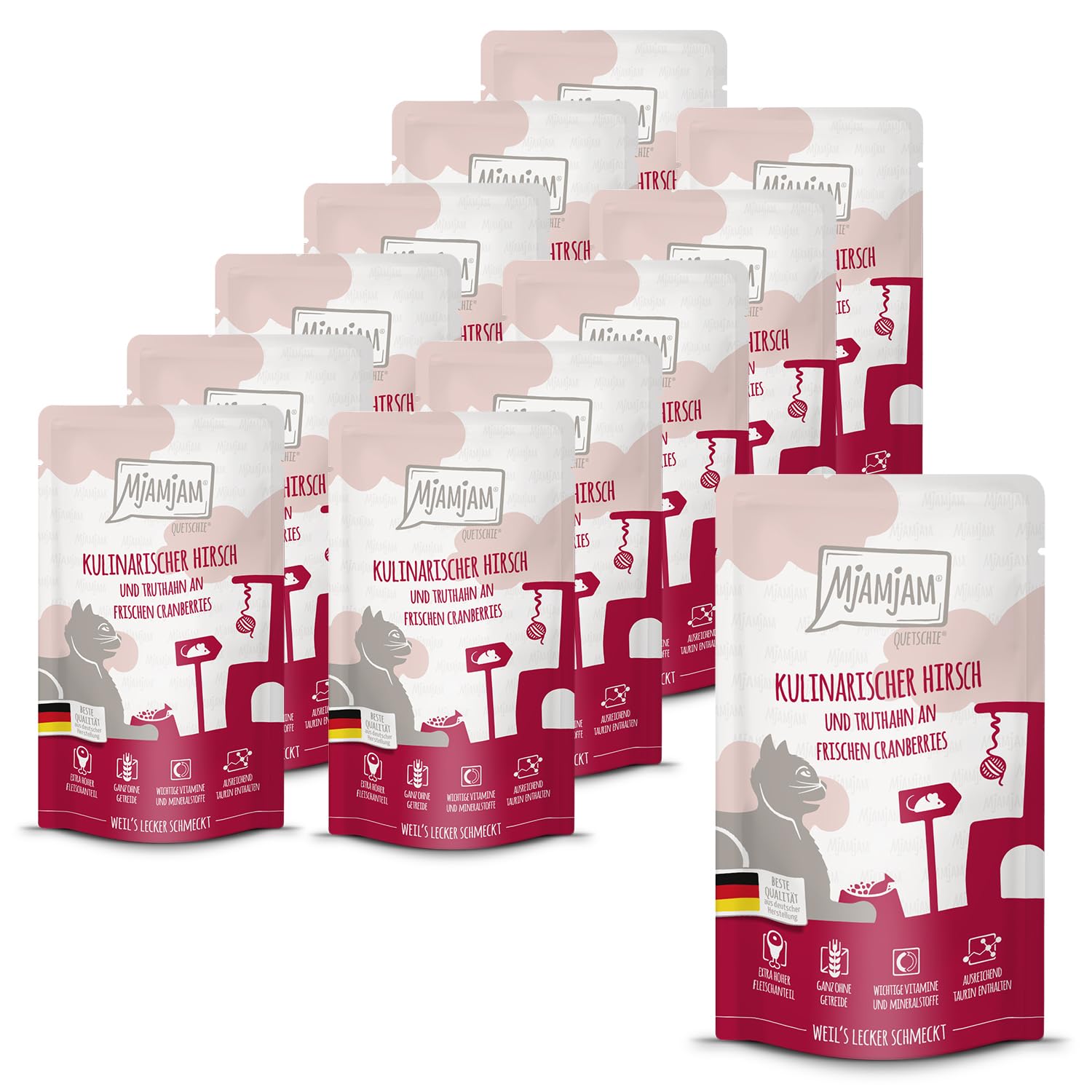 MjAMjAM - Premium Nassfutter für Katzen - Quetschie - kulinarischer Hirsch und Truthahn an frischen Cranberries, 12er Pack (12 x 125 g), getreidefrei mit extra viel Fleisch