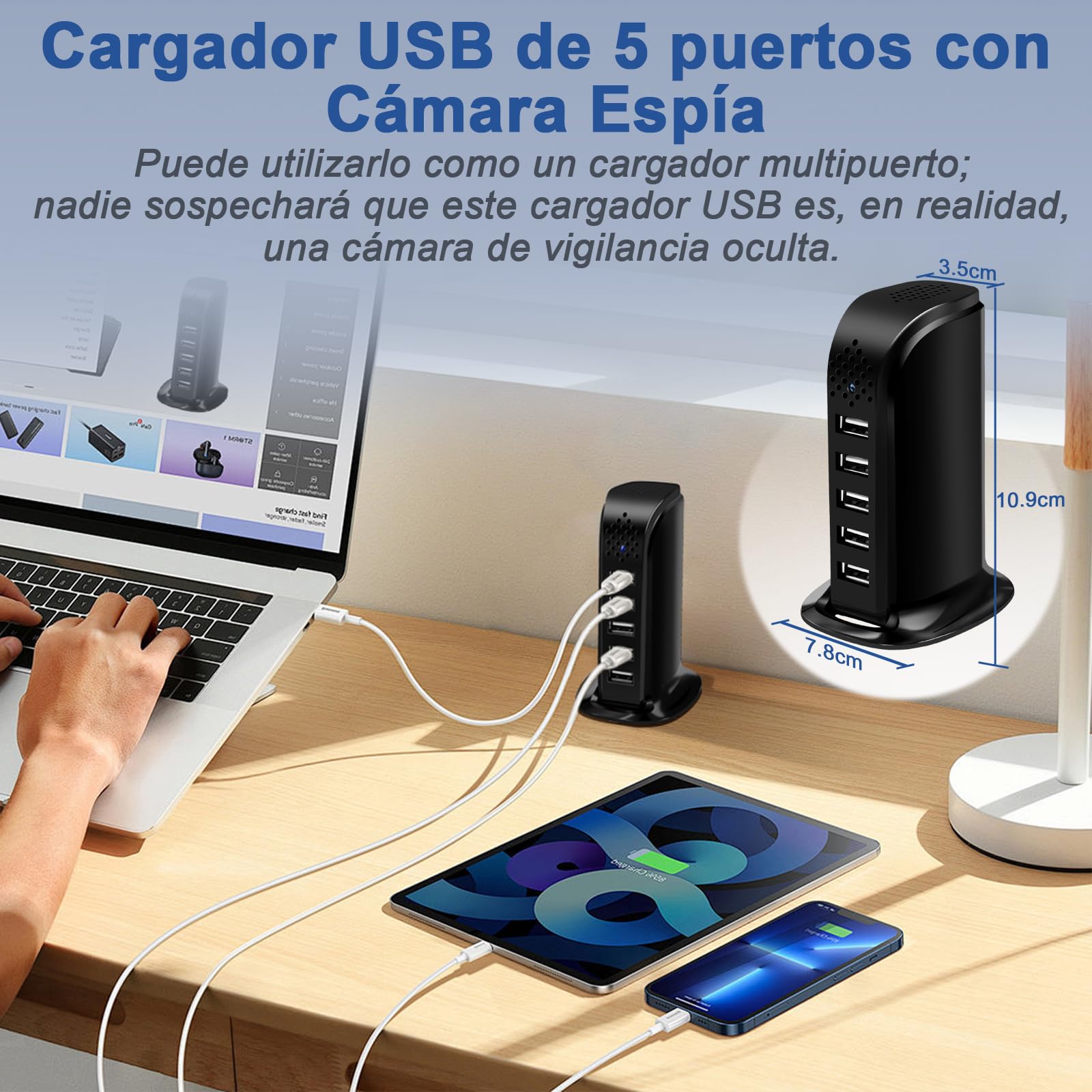 MiniCámara Espía HD 1080p, Cámara Oculta WiFi 2,4/5 GHz, Cargador USB de 5 Puertos Microcámara Oculta con Detección de Movimiento/Grabación en Bucle y Visualización Remota