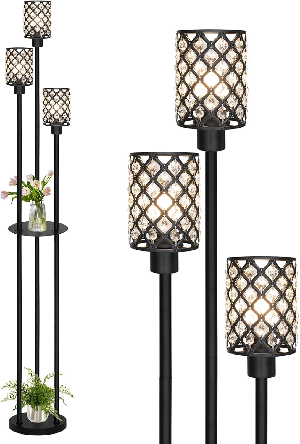 Gold Floor Lamps for Living Room, Standing Floor Lamp with Shelves, Tall Lamp with Table, Modern Mid Century Floor Lamp with E26 Base, Coner Crystal Floor Light for Bedroom (Without Bulb)