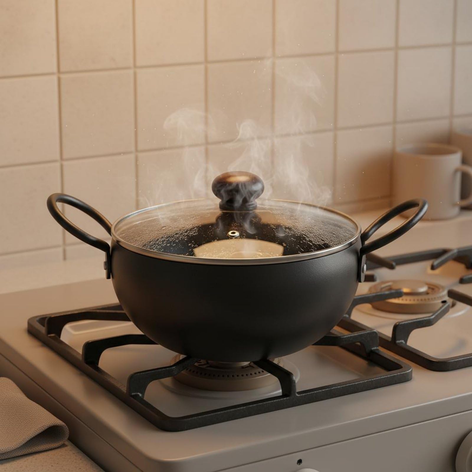 Olla de Hierro Martillado con Tapadera de Vidrio Templado Cazuela Caldero Retención de Constante y Cocción sin Recubrimientos Adecuada para Estofados, Tapa De Vidrio