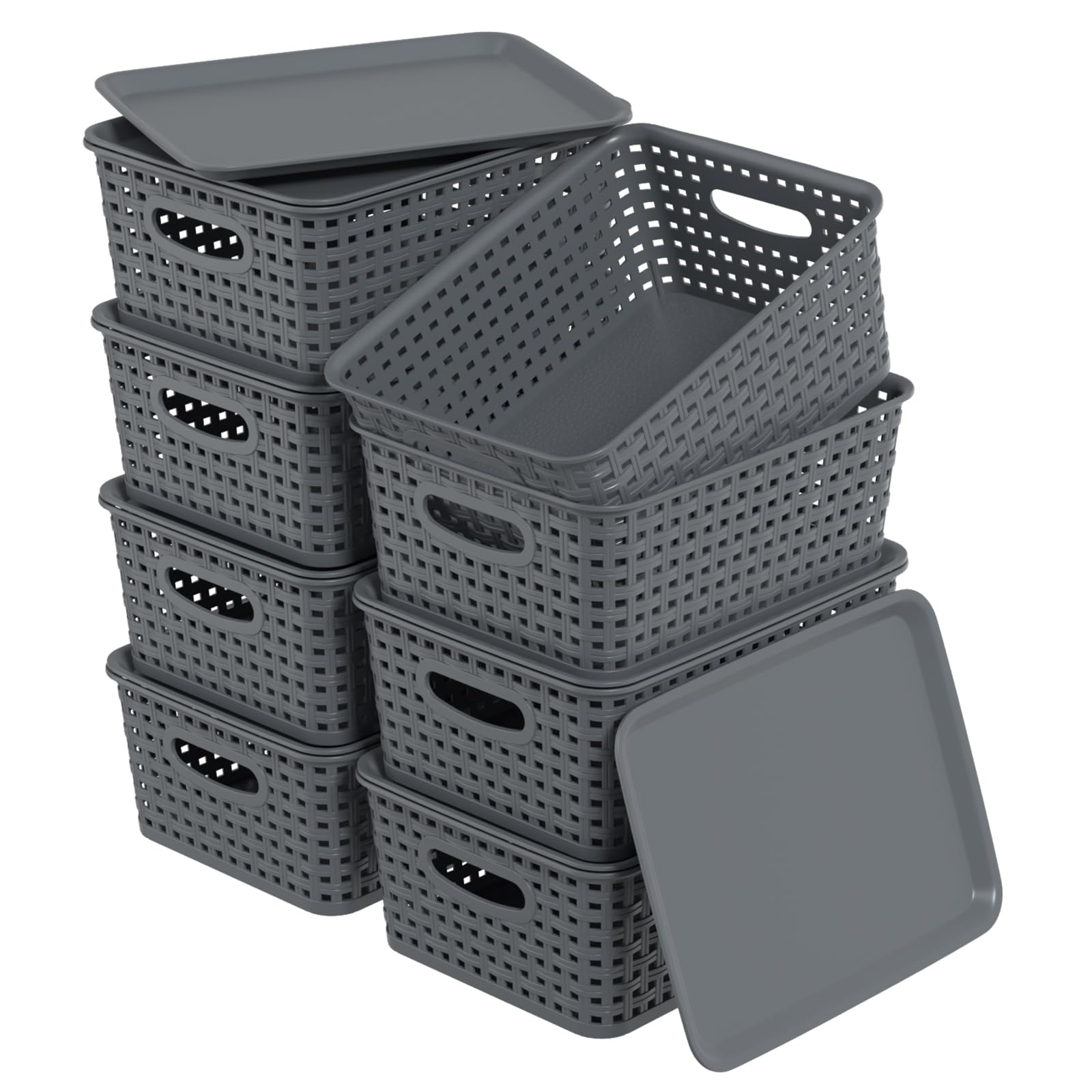 Lot de 8 paniers de rangement en plastique avec couvercle gris Zopnny pour trier la maison