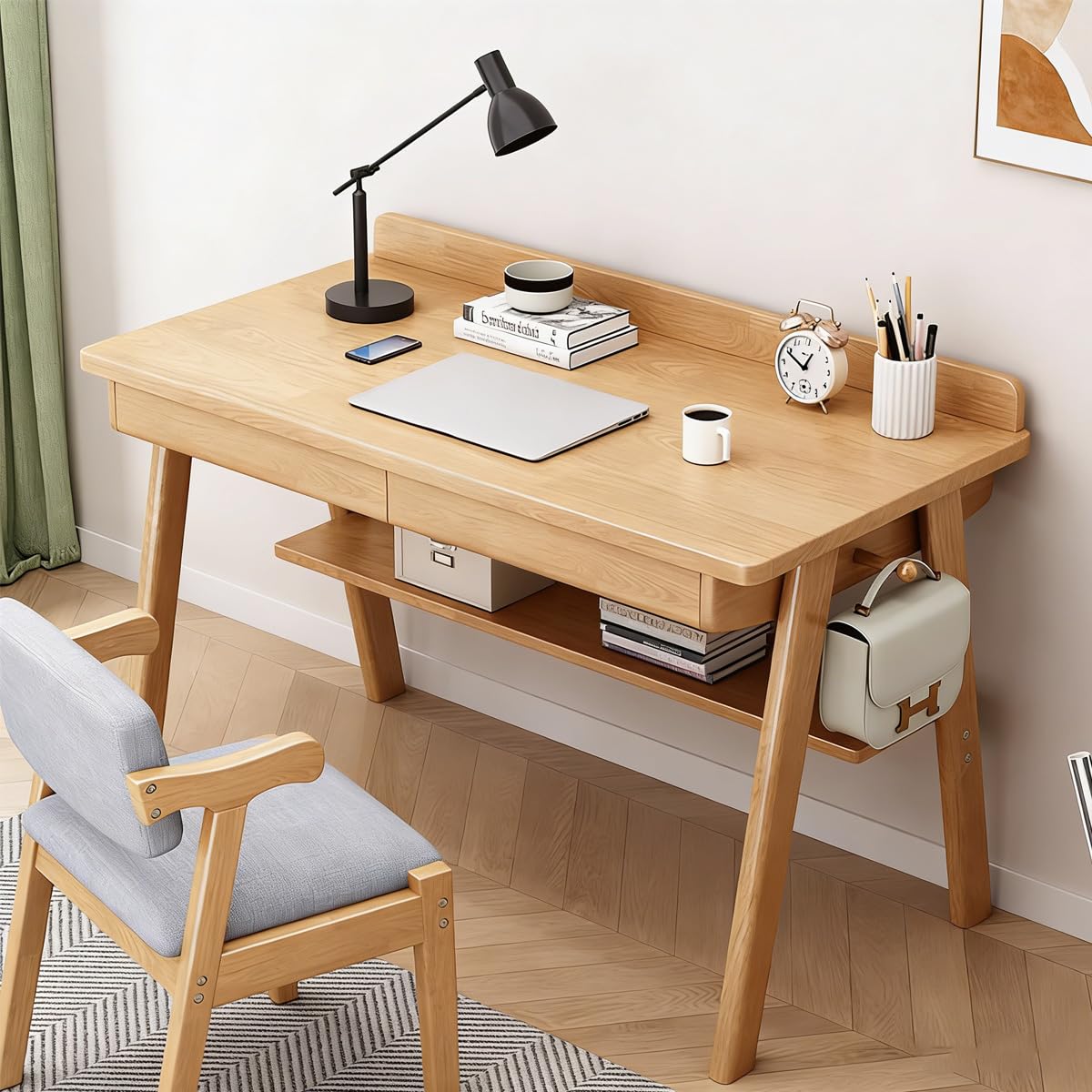 Scrivania compatta per computer con 2 cassetti, scrivania in legno massello per piccoli spazi, postazione di lavoro per casa, ufficio, studio, facile da montare, 80 cm in legno naturale