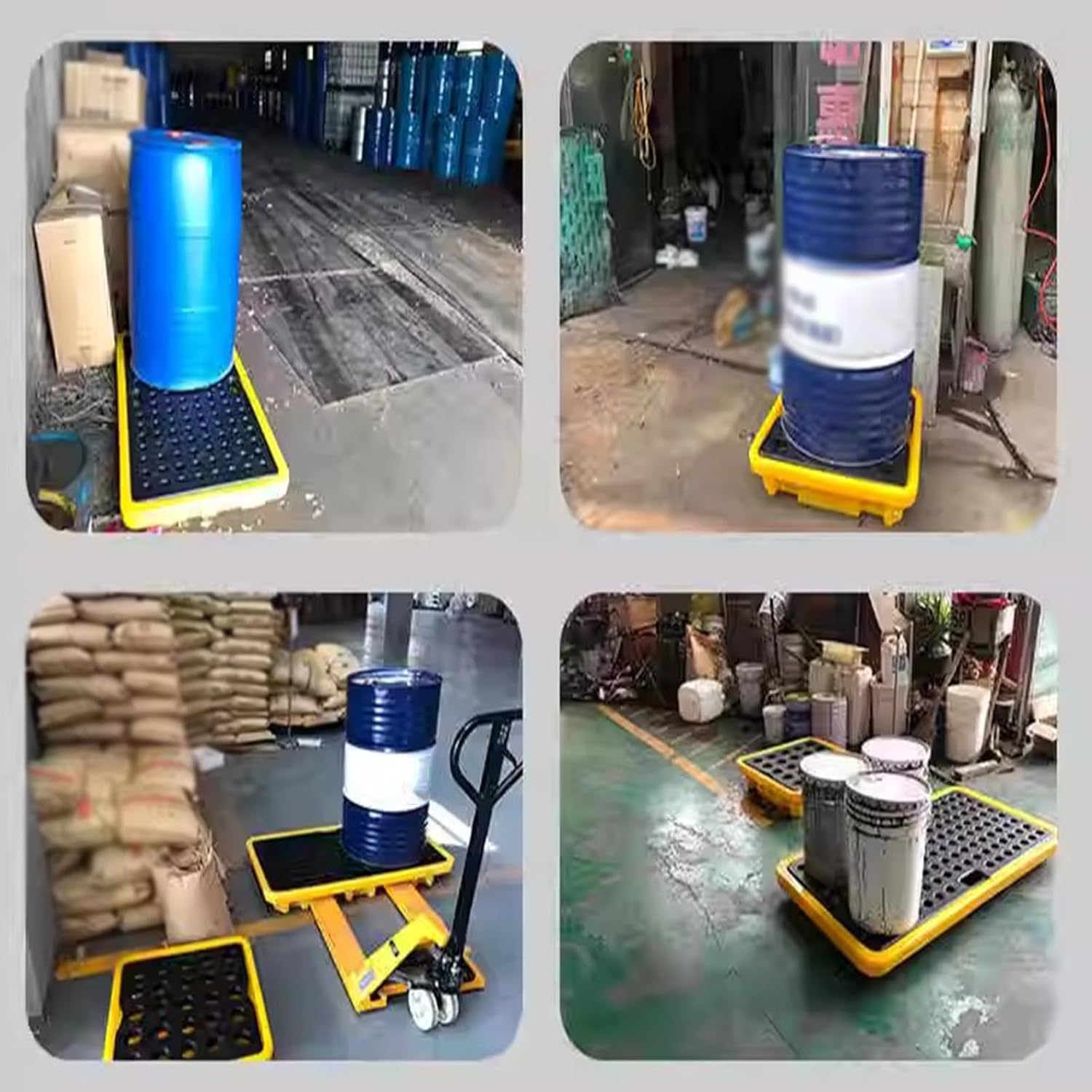 Stackable Tank Spill Containment Tray, Flat Spill Pallet, 49 X 36 X 10 Cm, Leak-Proof Platform for 1/2 Drum, Black and Yellow Grid, Static Load Capacity 50 Kg-33x33x5.8cm