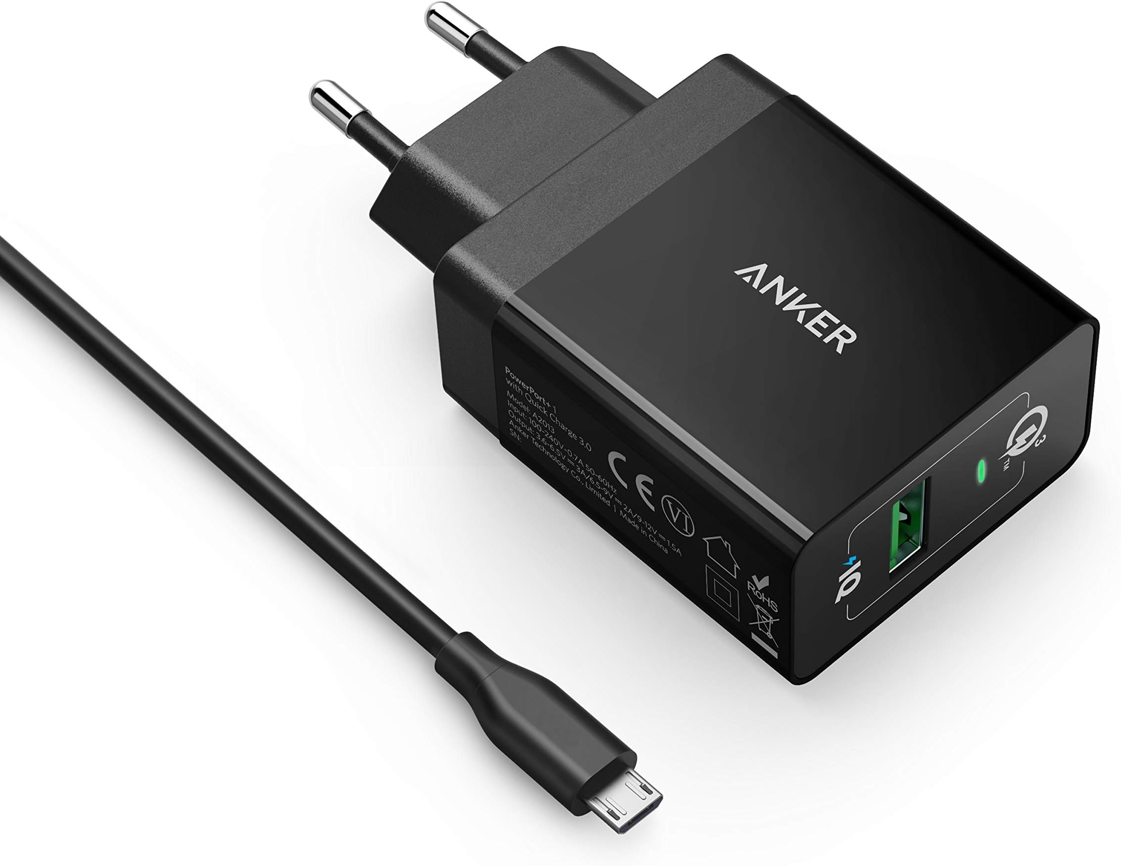 Anker 18W USB Wall Charger PowerPort+ 1 with PowerLine Micro USB (3ft) Cable