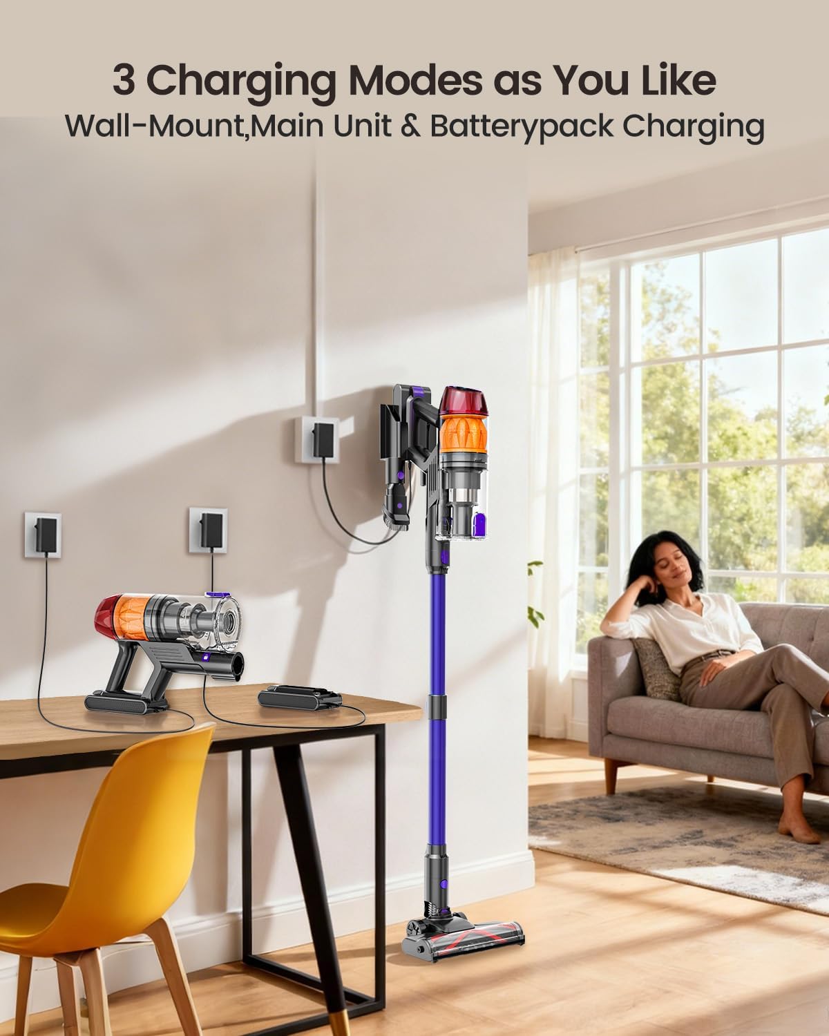 Cordless Vacuum Cleaner,500W 40KPa 60Mins Vacuum Cleaners for Home,Powerful Stick Vacuum With Green Light,Anti-tangle Wireless Vacumm, Rechargeable Vacuum for Pet Hair/Carpet/Hardwood Floor,Purple - Image 5