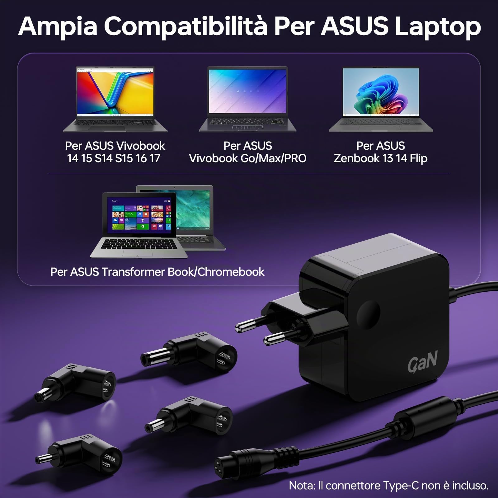 65W Caricatore GaN Universale per ASUS VivoBook Go ZenBook K513 F512J F515J F556U F1504 F1502 F1605 F509J X509J X515 X556U X542U UX333F S510U S533 S530 W19-065N1B,Alimentatore PC Portatile per ASUS