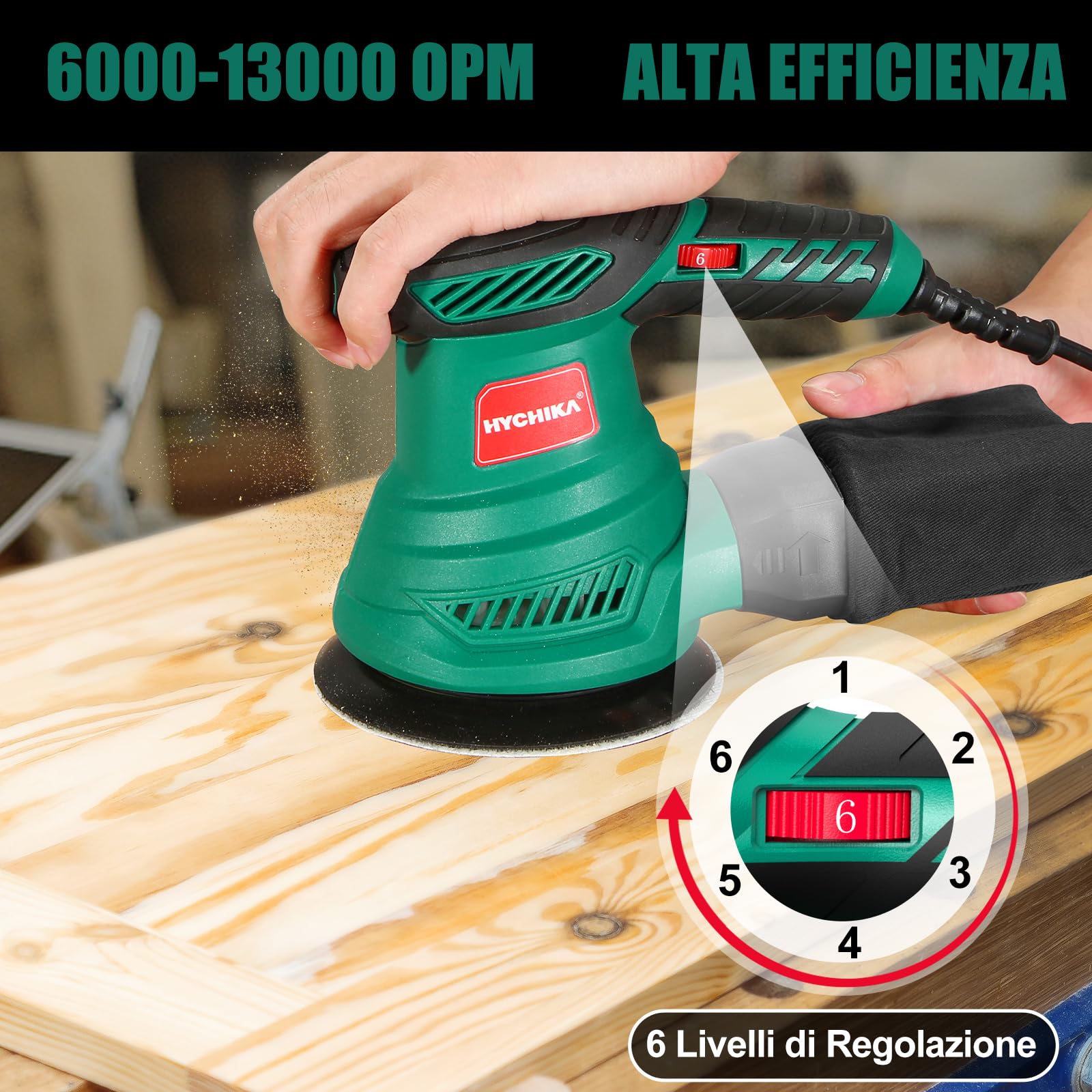HYCHIKA Levigatrice Orbitale 300W, 6 Velocità Regolabili, 13000 RPM, 12PCS Dischi Abrasivi 125mm (80, 120, 240 Grani), Levigatrice Elettrica, con Scatola di Raccolta della Polvere