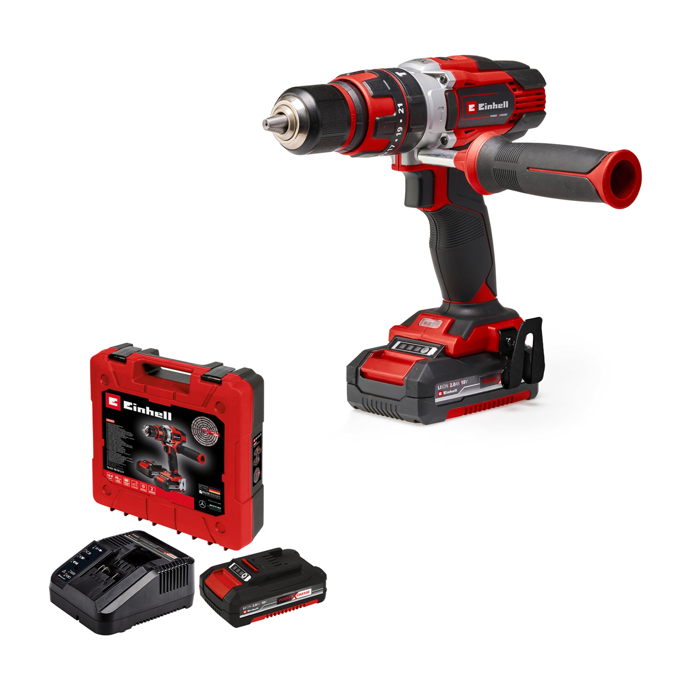 Einhell Taladro percutor sin cable TE-​CD 18/​48 Li-​i (2x2,​0 Ah) Power X-​Change (iones de litio, incluye función de taladro de percusión, incluye 2 baterías de 2,​0 Ah PXC, cargador y maletín)