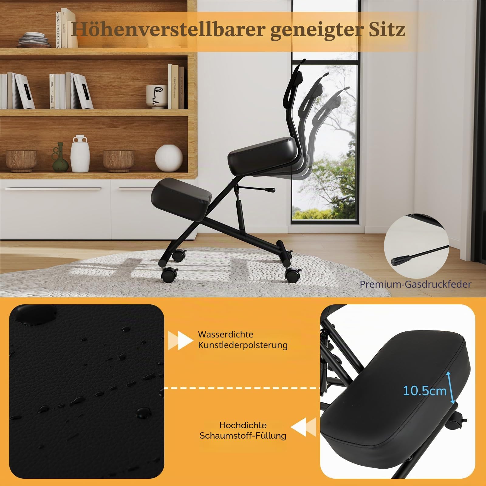 GIANTEX Kniestuhl Ergonomisch, Kniehocker mit Rückenlehne, 4 Rädern und Kniestütze, höhenverstellbar Rollhocker zur Korrektur der Sitzhaltung, bis 110 kg Belastbar