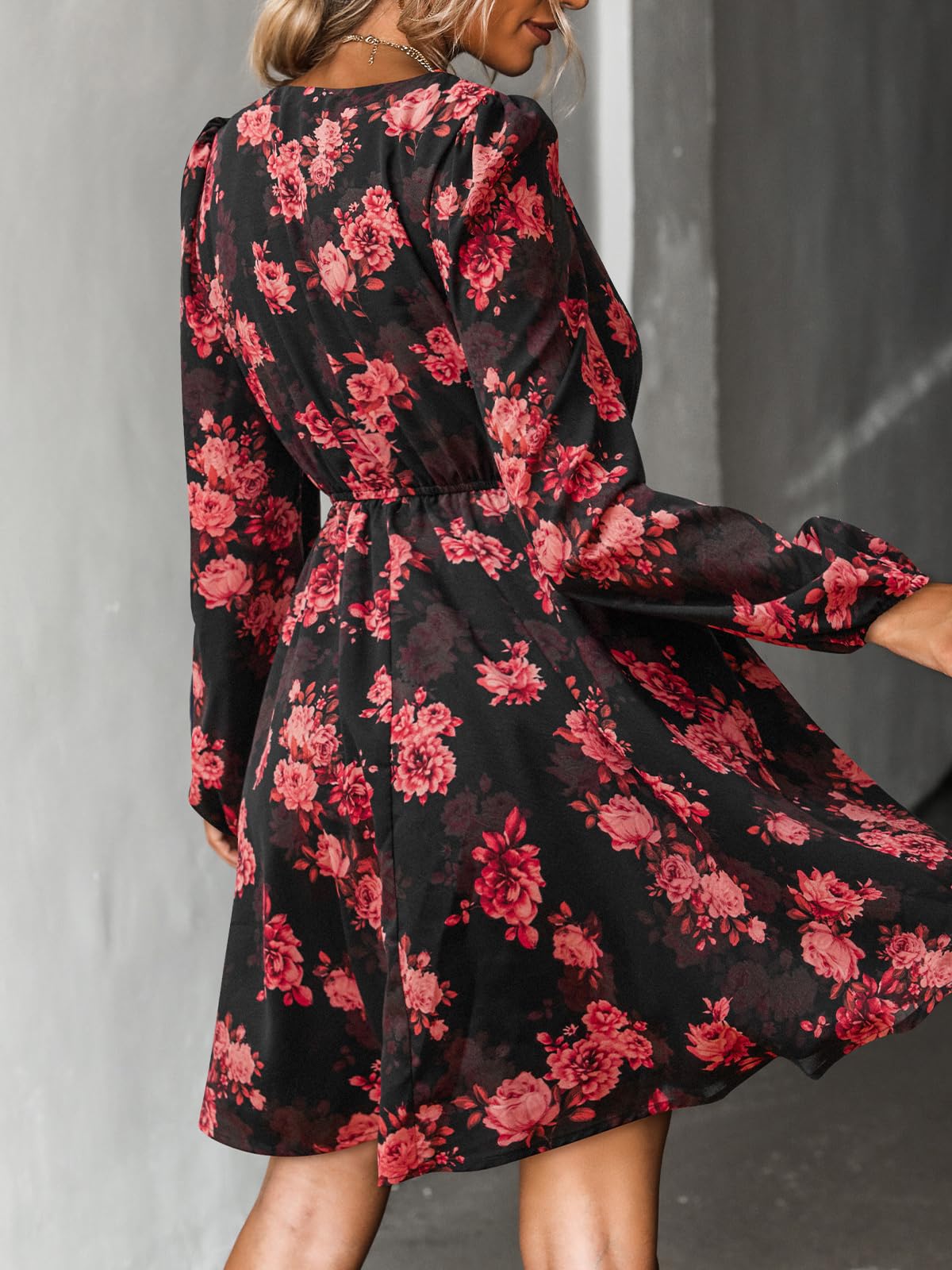 Cupshe Abito autunnale in chiffon da donna, mini abito a trapezio, con maniche lunghe a sbuffo e scollo a V, stile casual