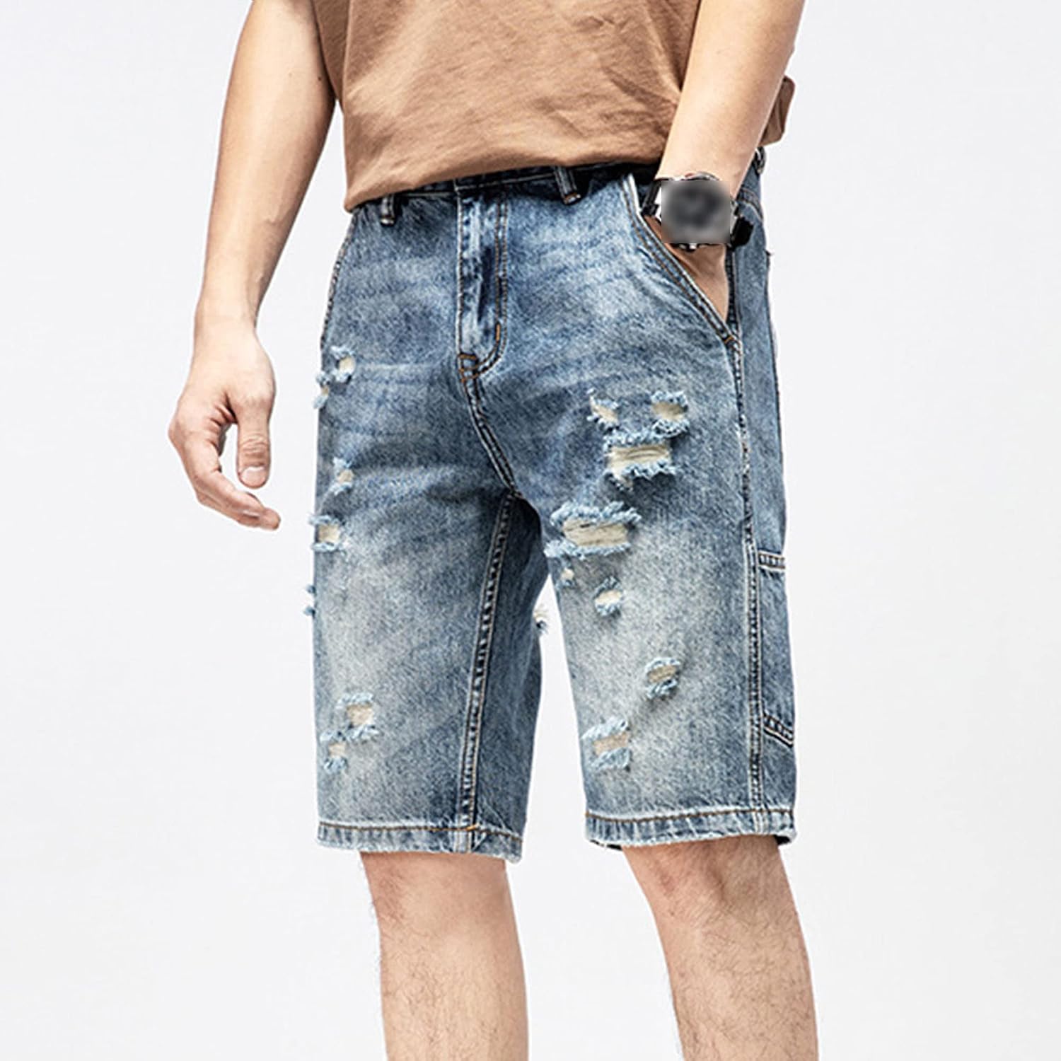 Men's Fit Denim Half Jean Casual Ripped Short Pants with Pockets Big and Tall Athletic Fit Wash Shorts