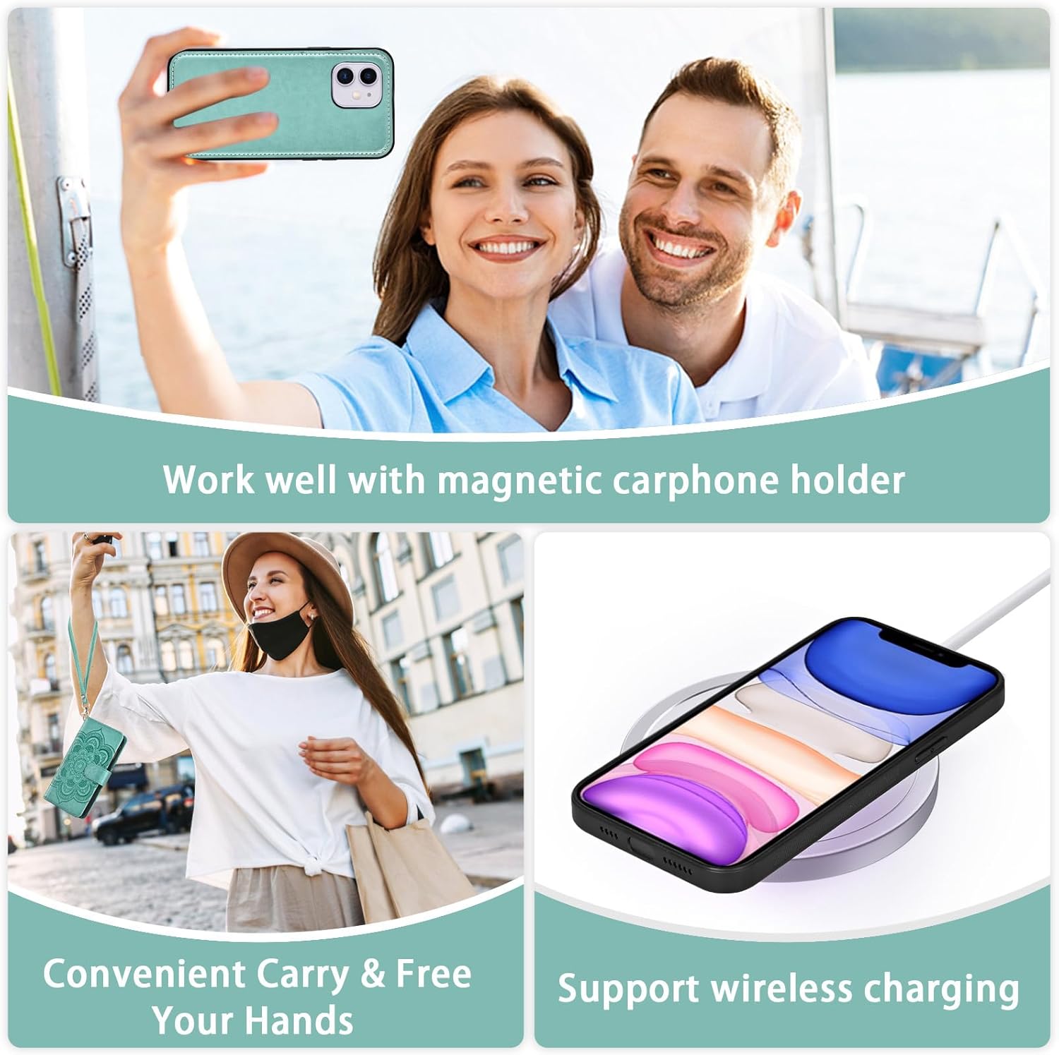Asuwish Phone Case for iPhone 11 6.1 Zipper Wallet Cell Cover with Tempered Glass Screen Protector Crossbody Lanyard Strap Flower Card Holder iphone11case iPhone11 i Phone11 11s XI 11R Women Green