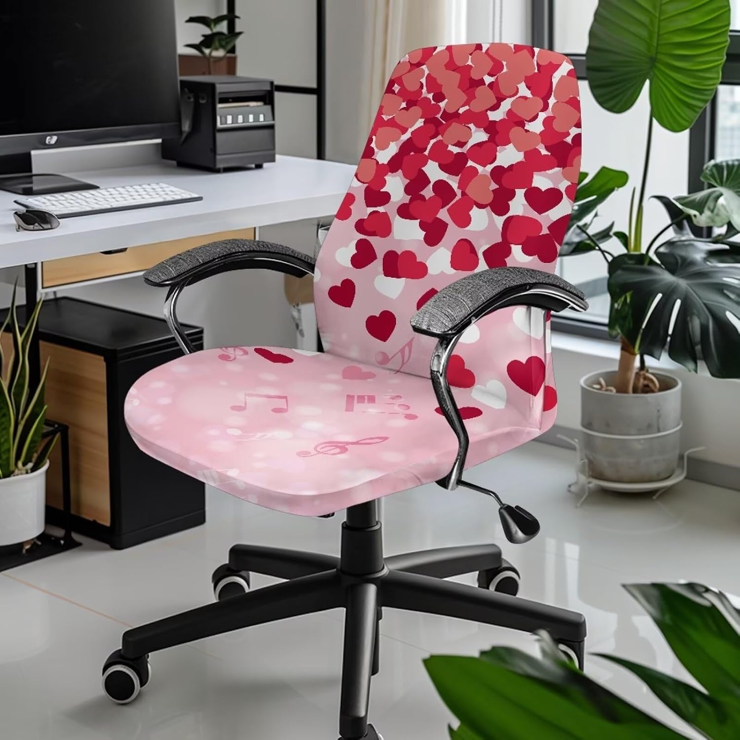 Valentine's Day Comfortable Computer Office Chair Cover Stretch Removable Boss Chair Slipcovers All-in-One High Back Chair Slipcover, Love Red White Musical Notes Pink, L