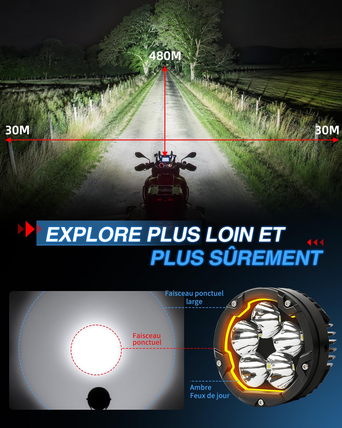BraveWAY Phares Additionnels Moto 3,7 Pouces 70W 16000LM DRL Ambré Fonction Stroboscopique Faisceau Combin Caches Jaunes/Noirs Supports en U et Tubulaire Harnais de Câbles