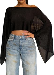 Women Sheer Knit Crochet Poncho Top Y2K Asymmetrical Mesh Shrug Bolero Batwing Sleeve Beach Cover Up