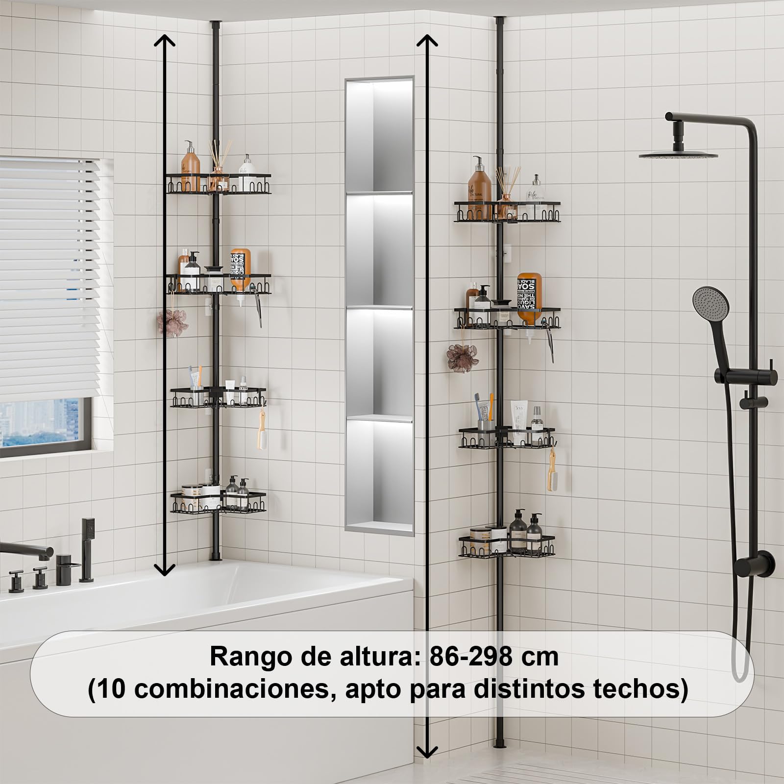 Telescópica Estantería Ducha - Altura Ajustable 86-298 CM, Estanteria baño Sin Taladro, Esquina Estante Ducha, Estanteria Ducha Telescopica con 4 Cestas para Bañera y Baño，Negro | Altura ajustable, 86-298 cm, 4 estantes, estante de ducha organizador