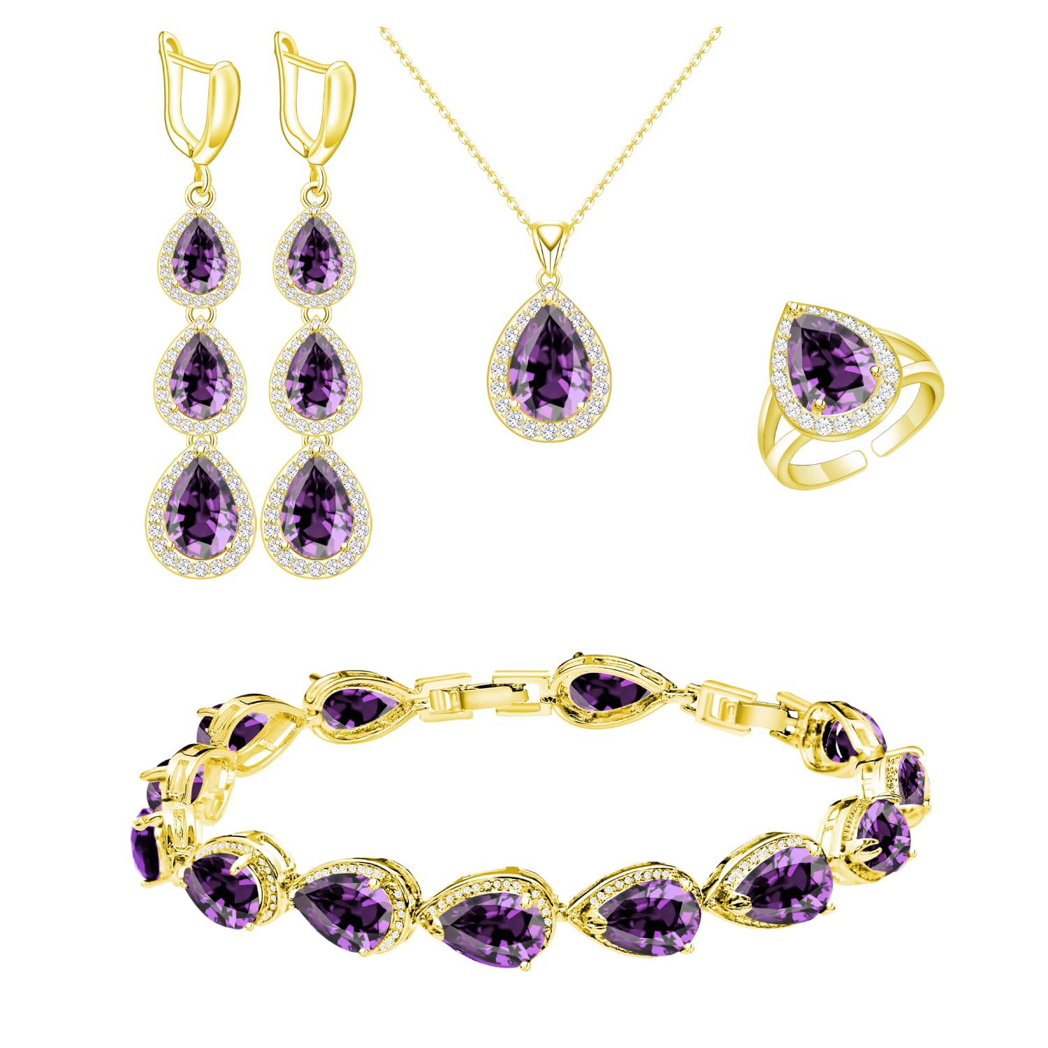 LMXXVJ Juego de collar y aretes largos y pulsera, chapado en oro blanco, zafiro azul, joyería de regalo de boda, fiesta, joyería para mujer, novia, dama de honor