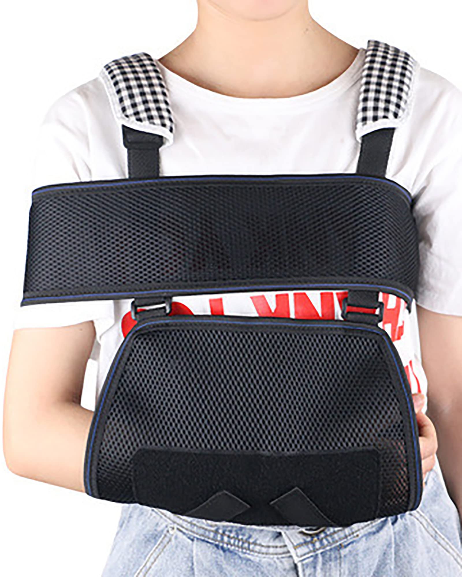 Cabestrillo de antebrazo para niños, soporte de hombro de malla transpirable, correa ajustable, inmovilizador de codo de muñeca para fracturas rotas, rosa, M (negro M)
