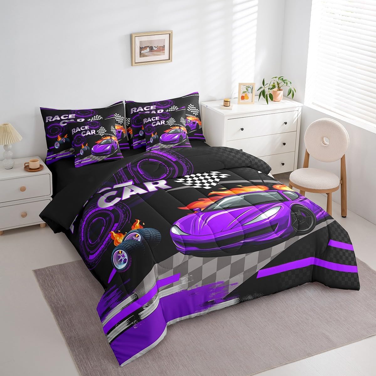 Feelyou Purple Race car Comforter Set Twin 7 Pcs Speed Sports Car Boys Girls Automobile Racing Car Bedding Set Extreme Sports Theme Bed in a Bag with Comforter, Sheets, Pillowcases & Cushion Cover