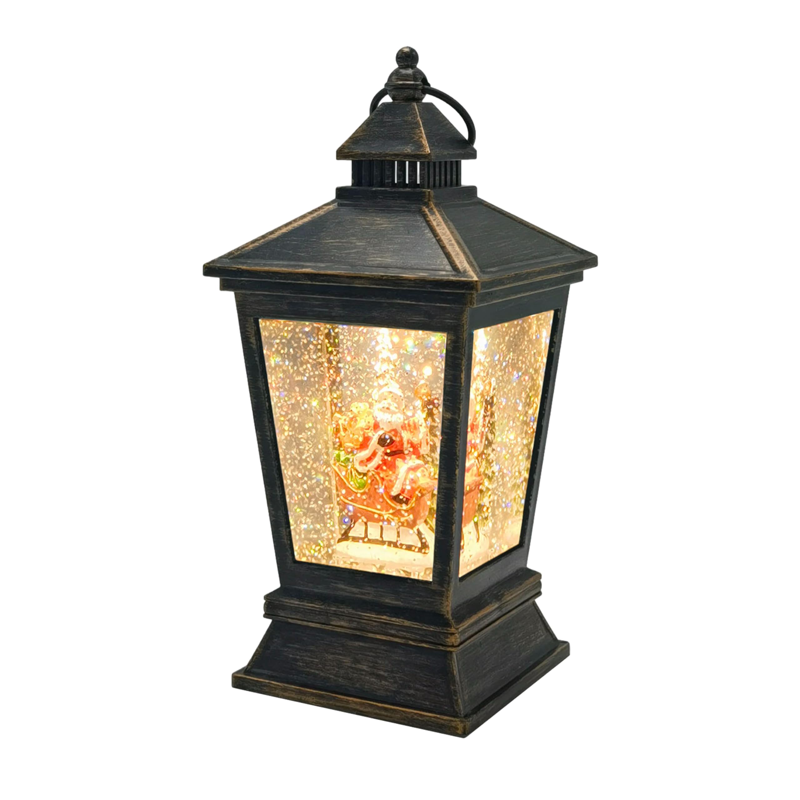 Endearing Singing Snowman Family Snow Globe Lantern - Includes Multiple Power Supply Choices, Timer Functionality, and Glittering Water Snow Effect, Bronze (Santa Claus and Christmas Tree)