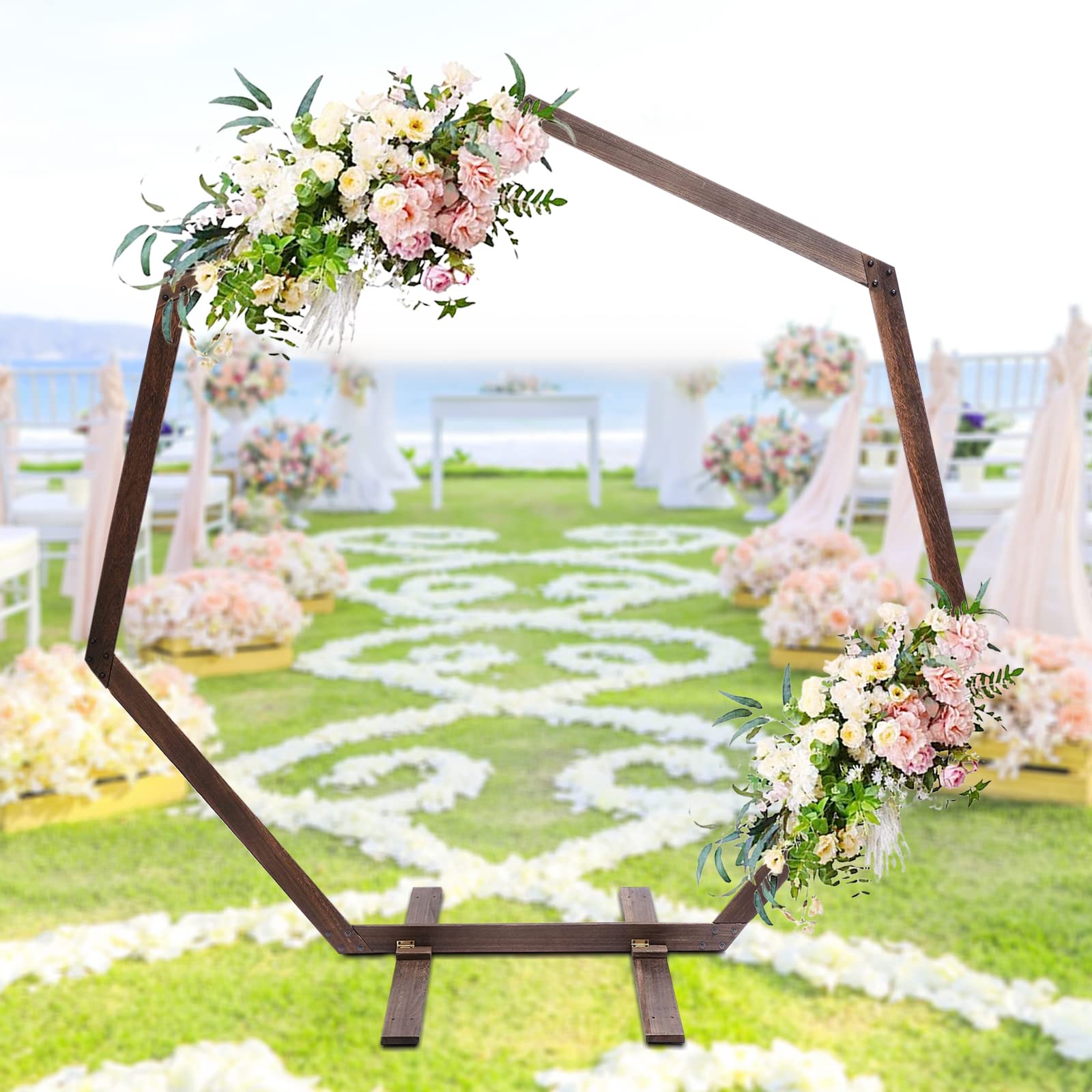 Hochzeitsbogen Holzgestell, Siebeneckige Hochzeitsbögen Holz Wedding Arch Hintergrund Ständer für Hochzeiten Dekorationen
